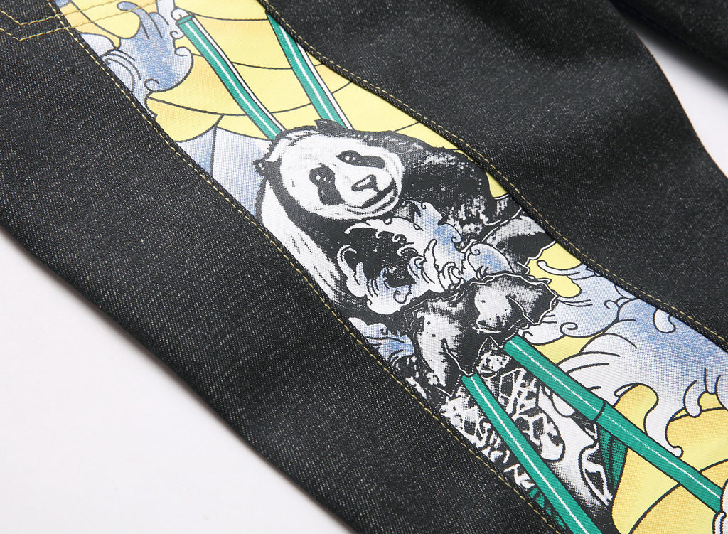 EVISU KURO Daicock Panda Bamboo Wave Print Appliqué Panel Jeans Wide Fit Raw Selvedge Dark Indigo