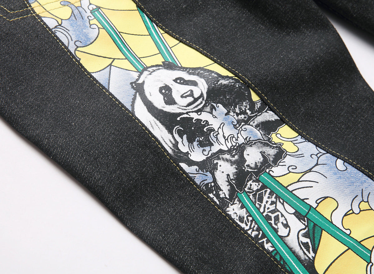 EVISU KURO Daicock Panda Bamboo Wave Print Appliqué Panel Jeans Wide Fit Raw Selvedge Dark Indigo