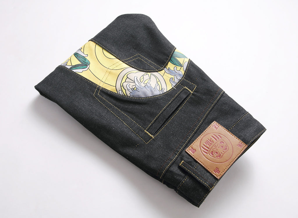 EVISU KURO Daicock Panda Bamboo Wave Print Appliqué Panel Jeans Wide Fit Raw Selvedge Dark Indigo