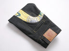 EVISU KURO Daicock Panda Bamboo Wave Print Appliqué Panel Jeans Wide Fit Raw Selvedge Dark Indigo