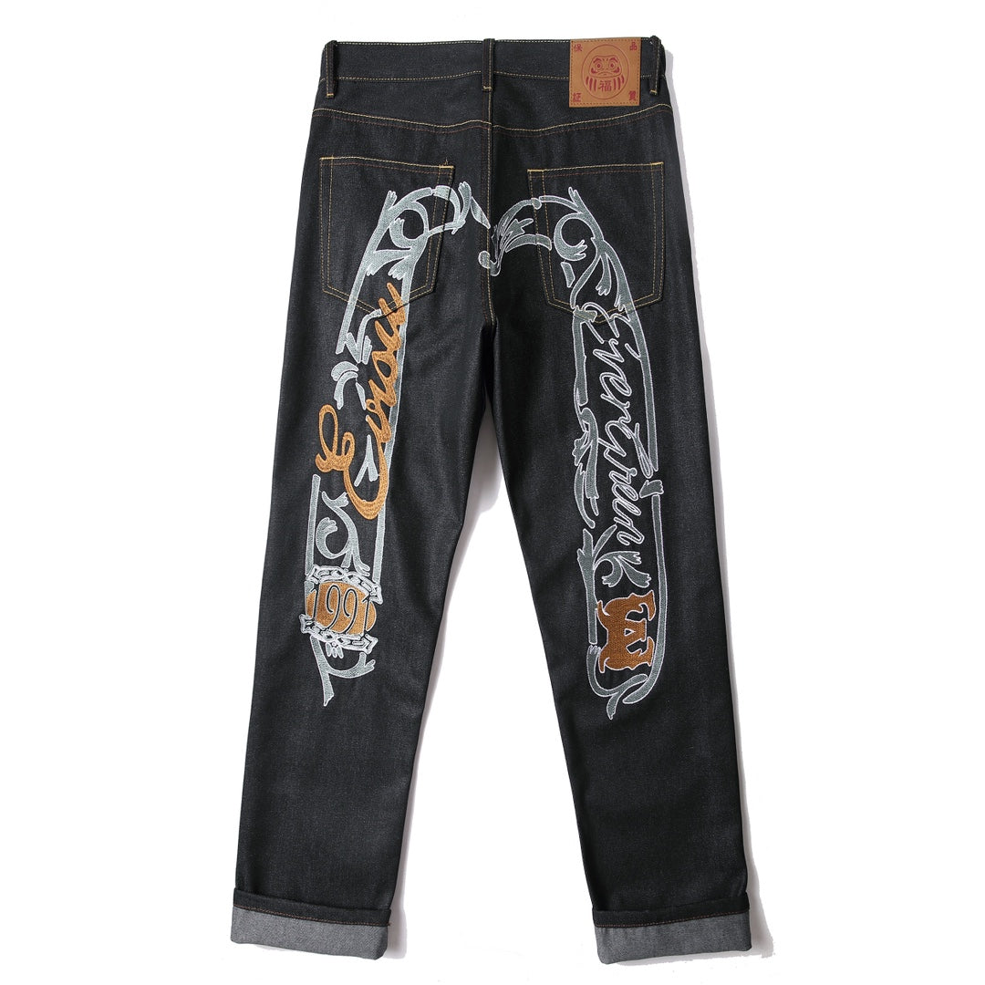 EVISU KURO 1991 Chicano Script Old English Lettering Embroidery Jeans Wide Fit Raw Selvedge Dark Indigo