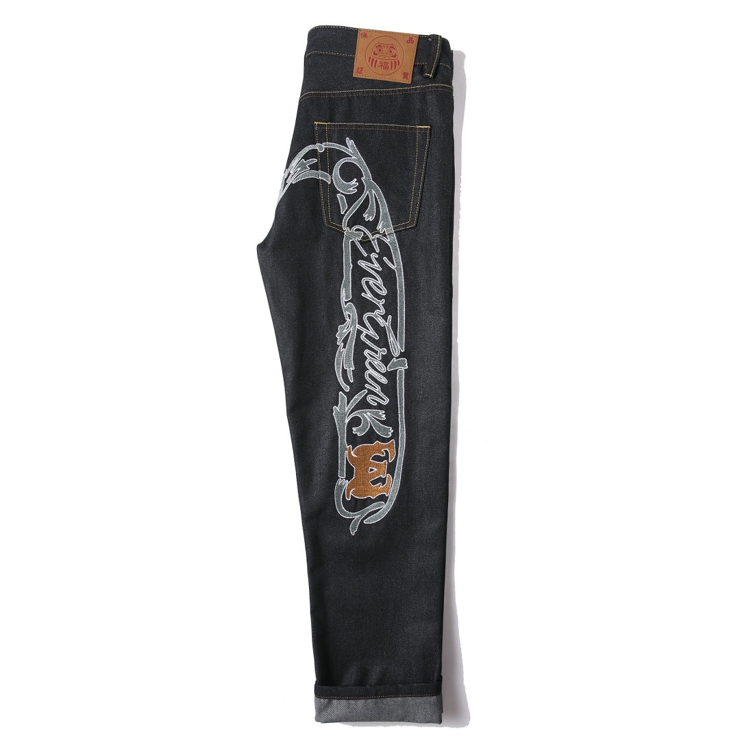 EVISU KURO 1991 Chicano Script Old English Lettering Embroidery Jeans Wide Fit Raw Selvedge Dark Indigo