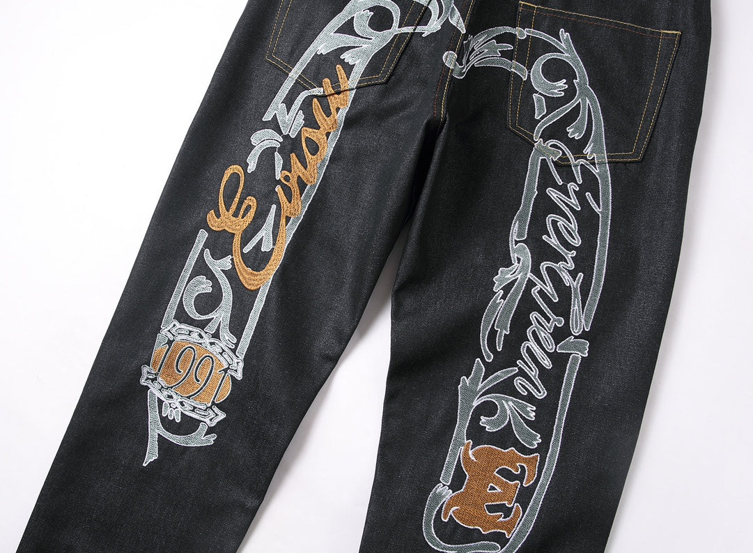 EVISU KURO 1991 Chicano Script Old English Lettering Embroidery Jeans Wide Fit Raw Selvedge Dark Indigo