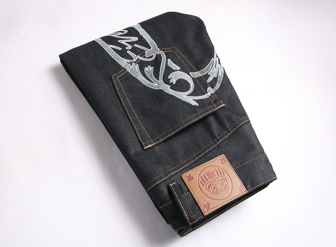 EVISU KURO 1991 Chicano Script Old English Lettering Embroidery Jeans Wide Fit Raw Selvedge Dark Indigo