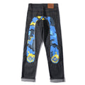 EVISU KURO Daicock Blue Yellow Camo Sakura Kamon Appliqué Panel Jeans Wide Fit Raw Selvedge Dark Indigo