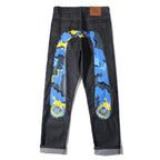 EVISU KURO Daicock Blue Yellow Camo Sakura Kamon Appliqué Panel Jeans Wide Fit Raw Selvedge Dark Indigo