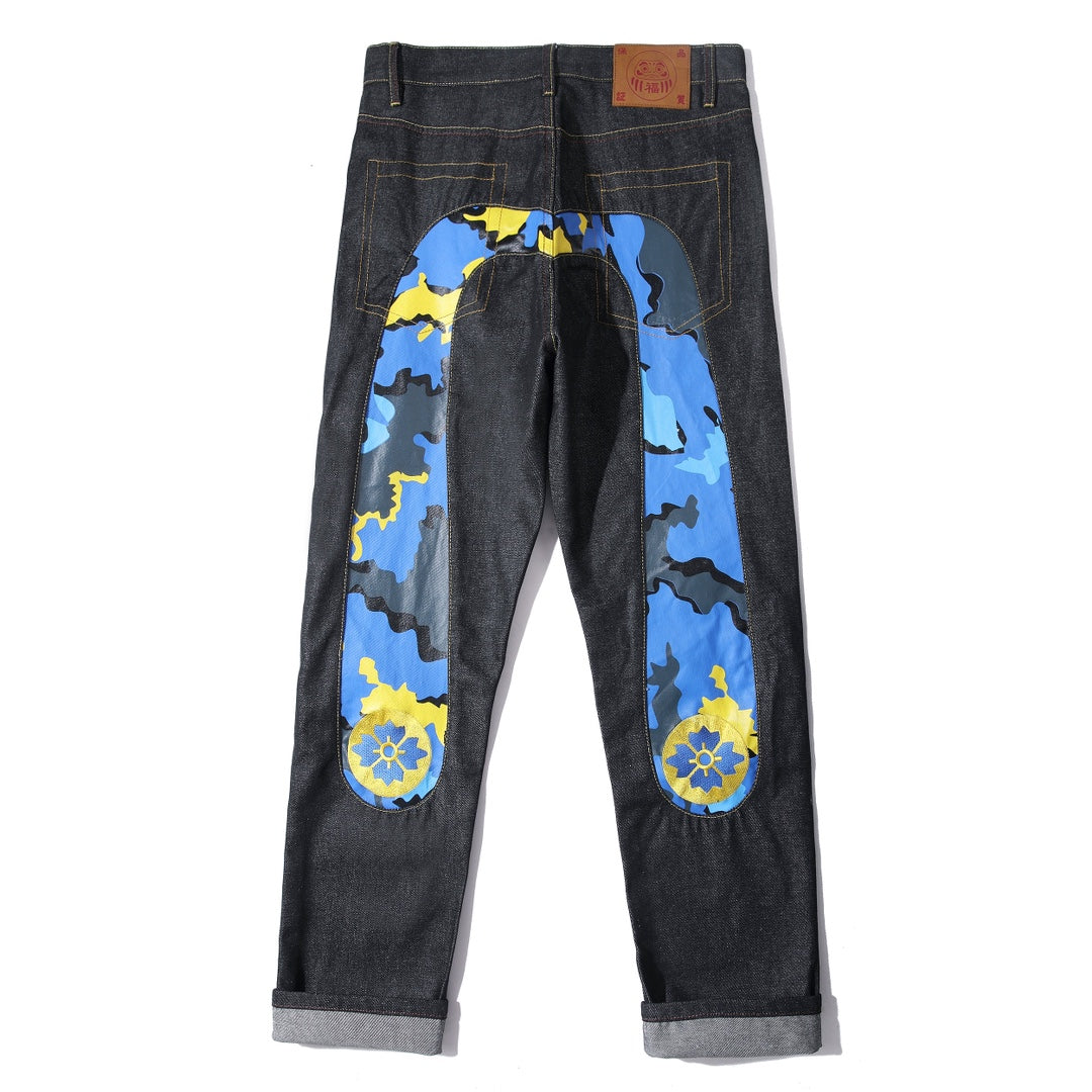 EVISU KURO Daicock Blue Yellow Camo Sakura Kamon Appliqué Panel Jeans Wide Fit Raw Selvedge Dark Indigo