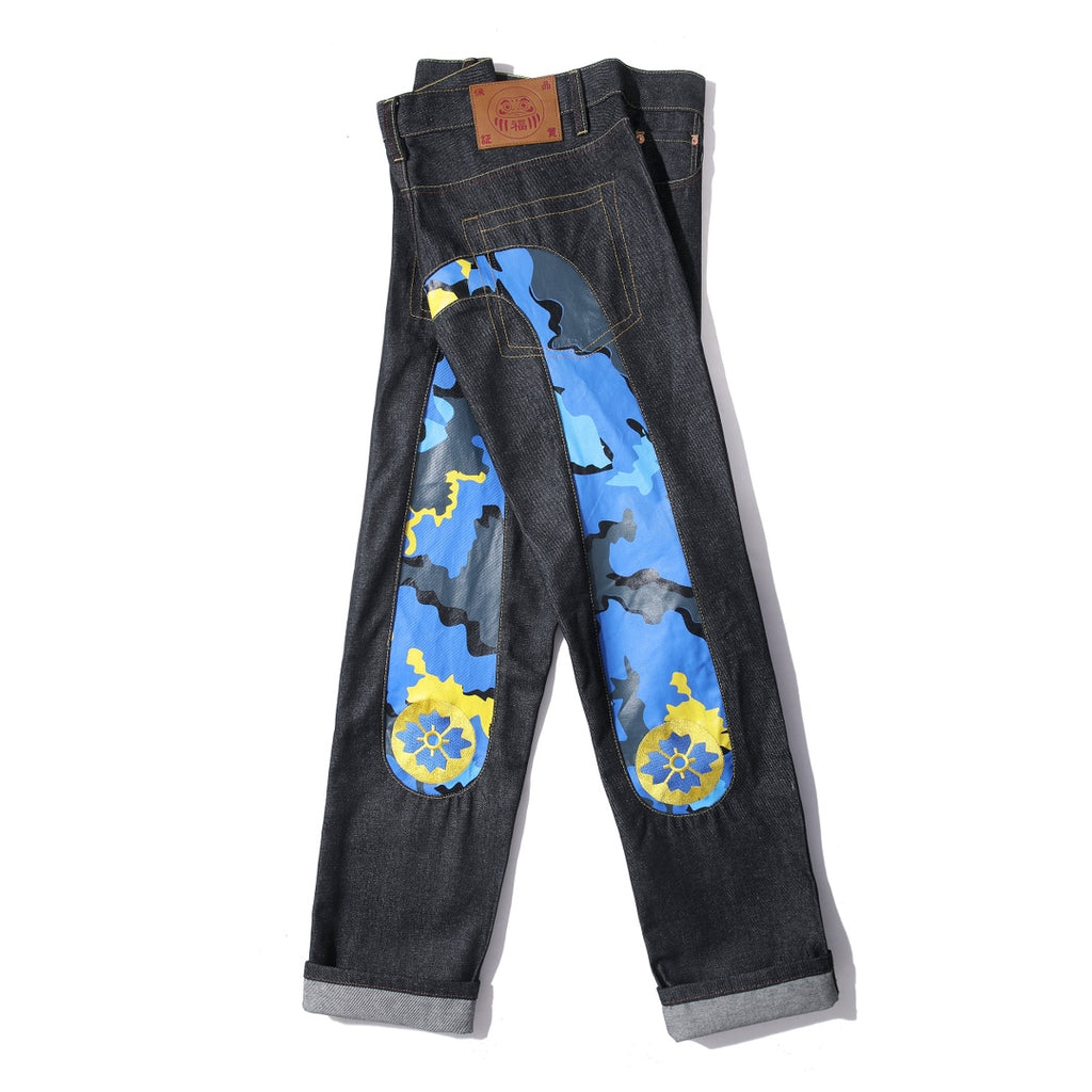 EVISU KURO Daicock Blue Yellow Camo Sakura Kamon Appliqué Panel Jeans Wide Fit Raw Selvedge Dark Indigo