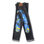 EVISU KURO Daicock Blue Yellow Camo Sakura Kamon Appliqué Panel Jeans Wide Fit Raw Selvedge Dark Indigo