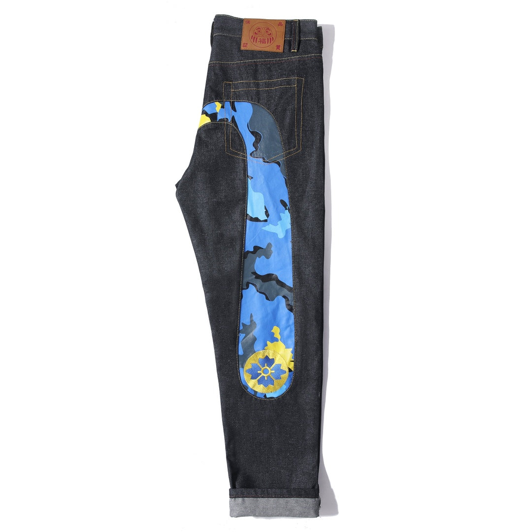 EVISU KURO Daicock Blue Yellow Camo Sakura Kamon Appliqué Panel Jeans Wide Fit Raw Selvedge Dark Indigo