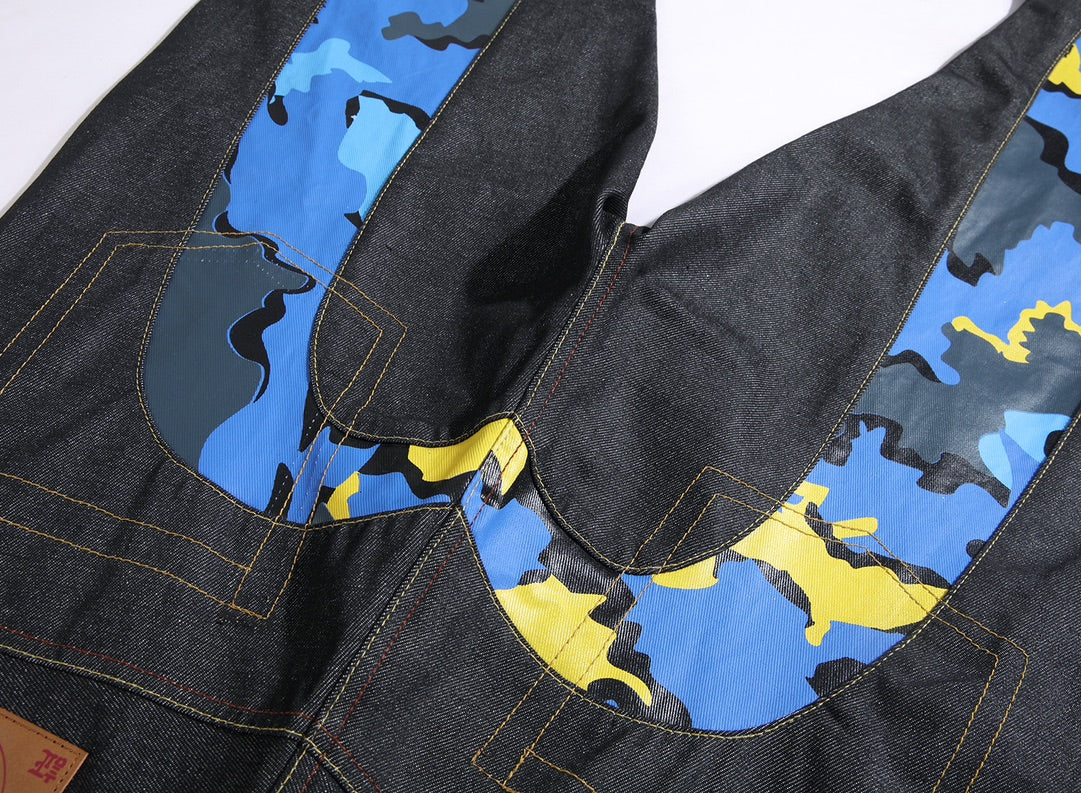 EVISU KURO Daicock Blue Yellow Camo Sakura Kamon Appliqué Panel Jeans Wide Fit Raw Selvedge Dark Indigo