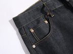 EVISU KURO Daicock Blue Yellow Camo Sakura Kamon Appliqué Panel Jeans Wide Fit Raw Selvedge Dark Indigo