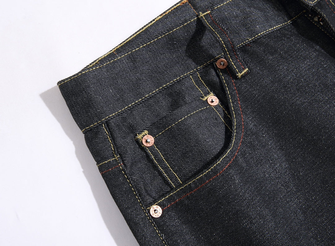 EVISU KURO Daicock Blue Yellow Camo Sakura Kamon Appliqué Panel Jeans Wide Fit Raw Selvedge Dark Indigo