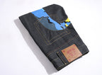 EVISU KURO Daicock Blue Yellow Camo Sakura Kamon Appliqué Panel Jeans Wide Fit Raw Selvedge Dark Indigo
