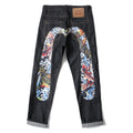 EVISU KURO Daicock Red Gold Koi Fish Irezumi Full-Color Print Appliqué Panel Jeans Wide Fit Black Raw Selvedge