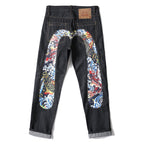 EVISU KURO Daicock Red Gold Koi Fish Irezumi Full-Color Print Appliqué Panel Jeans Wide Fit Black Raw Selvedge