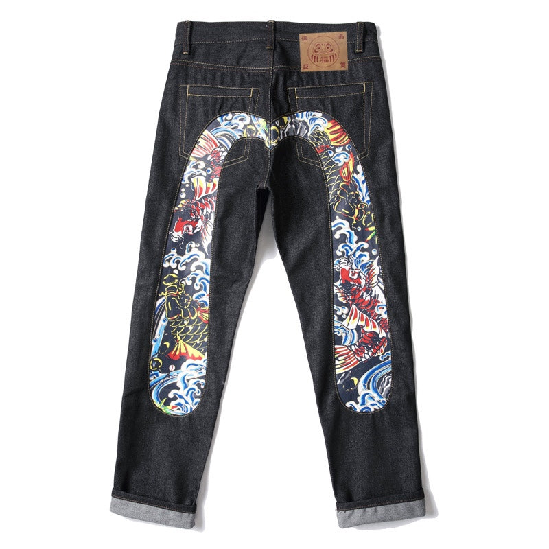 EVISU KURO Daicock Red Gold Koi Fish Irezumi Full-Color Print Appliqué Panel Jeans Wide Fit Black Raw Selvedge