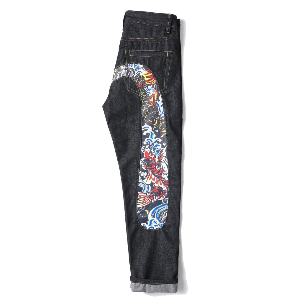 EVISU KURO Daicock Red Gold Koi Fish Irezumi Full-Color Print Appliqué Panel Jeans Wide Fit Black Raw Selvedge