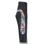 EVISU KURO Daicock Red Gold Koi Fish Irezumi Full-Color Print Appliqué Panel Jeans Wide Fit Black Raw Selvedge