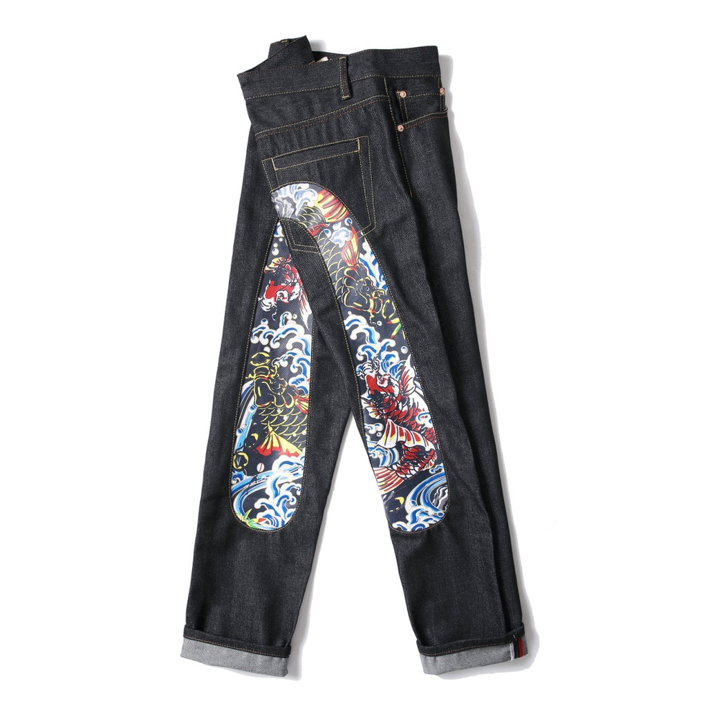 EVISU KURO Daicock Red Gold Koi Fish Irezumi Full-Color Print Appliqué Panel Jeans Wide Fit Black Raw Selvedge