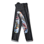 EVISU KURO Daicock Red Gold Koi Fish Irezumi Full-Color Print Appliqué Panel Jeans Wide Fit Black Raw Selvedge