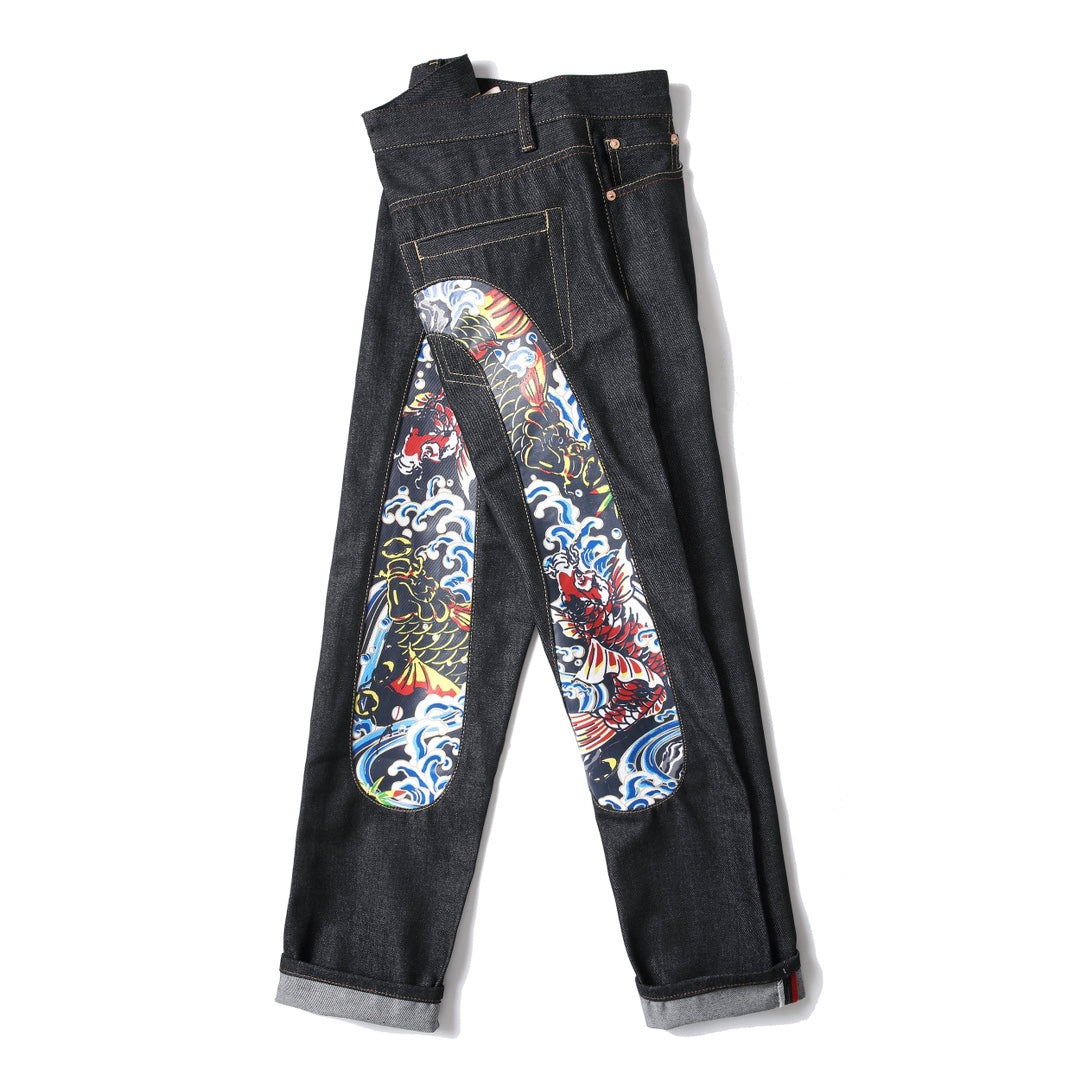 EVISU KURO Daicock Red Gold Koi Fish Irezumi Full-Color Print Appliqué Panel Jeans Wide Fit Black Raw Selvedge