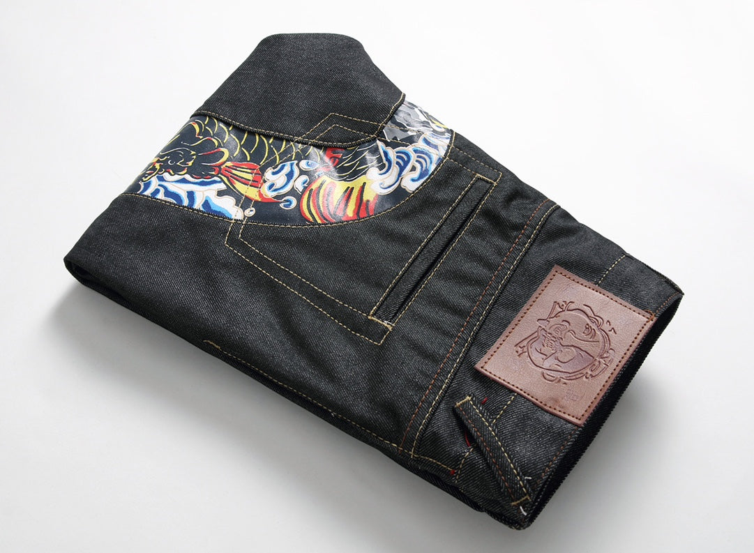 EVISU KURO Daicock Red Gold Koi Fish Irezumi Full-Color Print Appliqué Panel Jeans Wide Fit Black Raw Selvedge