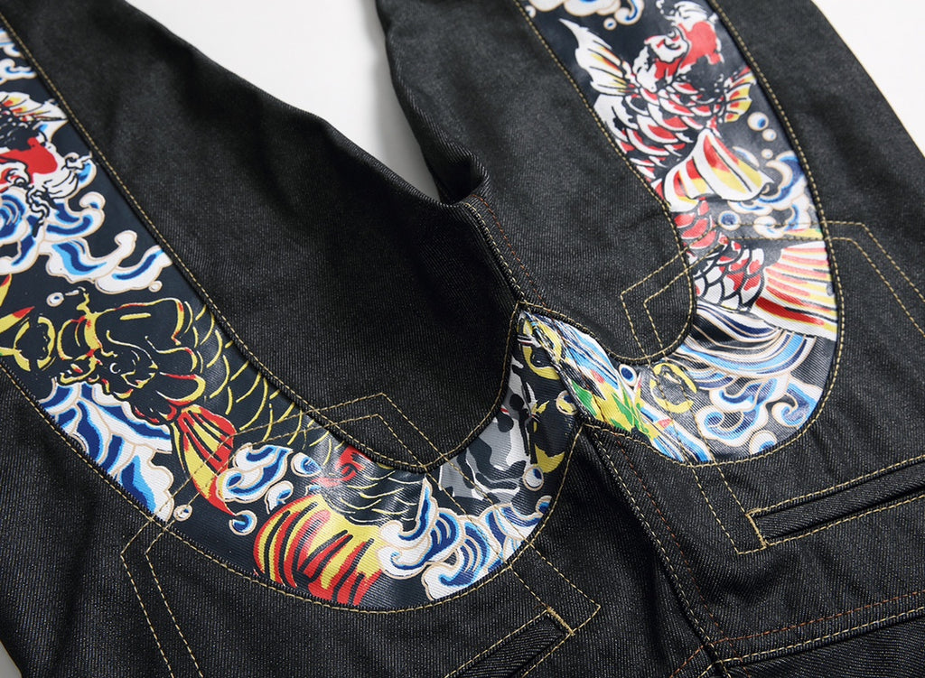 EVISU KURO Daicock Red Gold Koi Fish Irezumi Full-Color Print Appliqué Panel Jeans Wide Fit Black Raw Selvedge