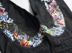 EVISU KURO Daicock Red Gold Koi Fish Irezumi Full-Color Print Appliqué Panel Jeans Wide Fit Black Raw Selvedge