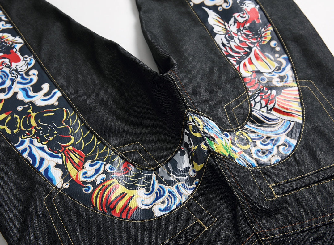 EVISU KURO Daicock Red Gold Koi Fish Irezumi Full-Color Print Appliqué Panel Jeans Wide Fit Black Raw Selvedge