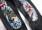 EVISU KURO Daicock Red Gold Koi Fish Irezumi Full-Color Print Appliqué Panel Jeans Wide Fit Black Raw Selvedge