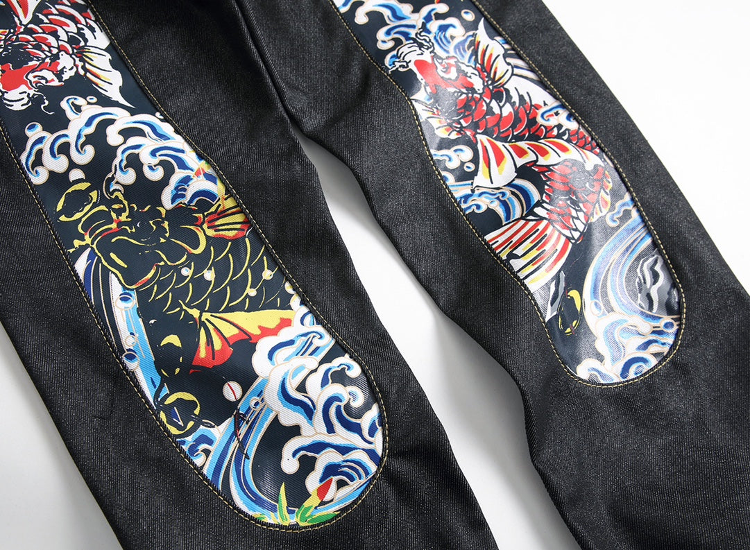EVISU KURO Daicock Red Gold Koi Fish Irezumi Full-Color Print Appliqué Panel Jeans Wide Fit Black Raw Selvedge