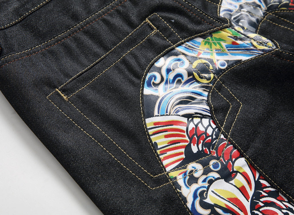 EVISU KURO Daicock Red Gold Koi Fish Irezumi Full-Color Print Appliqué Panel Jeans Wide Fit Black Raw Selvedge