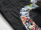 EVISU KURO Daicock Red Gold Koi Fish Irezumi Full-Color Print Appliqué Panel Jeans Wide Fit Black Raw Selvedge