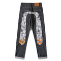 EVISU KURO Daicock Manga Comic Panel Print Appliqué Jeans Orange Kamon Badge Straight Fit Black Raw Selvedge