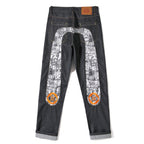 EVISU KURO Daicock Manga Comic Panel Print Appliqué Jeans Orange Kamon Badge Straight Fit Black Raw Selvedge