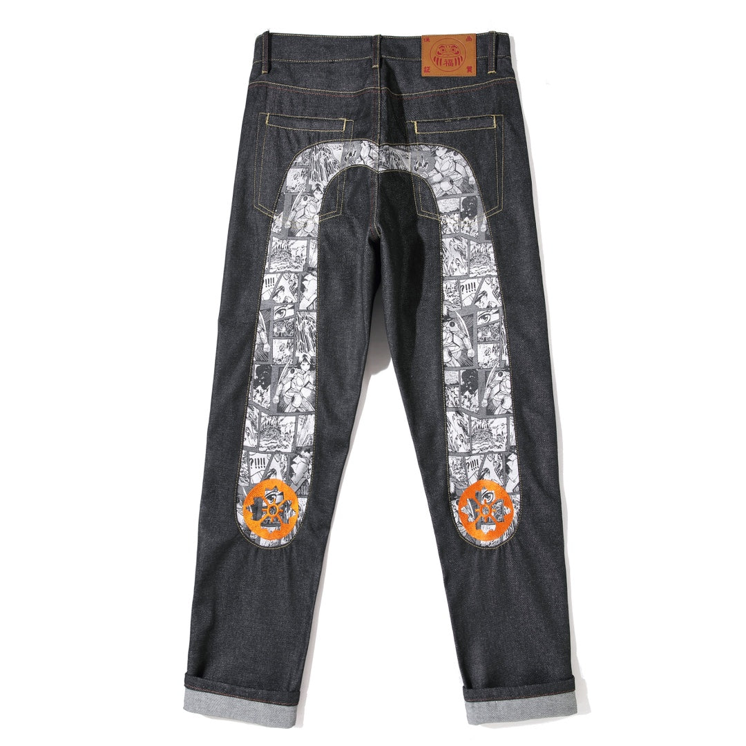 EVISU KURO Daicock Manga Comic Panel Print Appliqué Jeans Orange Kamon Badge Straight Fit Black Raw Selvedge