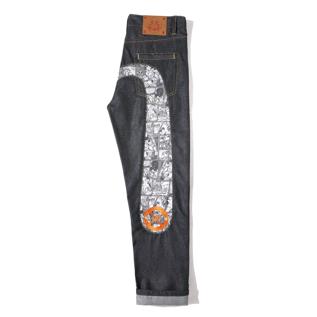EVISU KURO Daicock Manga Comic Panel Print Appliqué Jeans Orange Kamon Badge Straight Fit Black Raw Selvedge