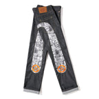 EVISU KURO Daicock Manga Comic Panel Print Appliqué Jeans Orange Kamon Badge Straight Fit Black Raw Selvedge