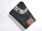 EVISU KURO Daicock Manga Comic Panel Print Appliqué Jeans Orange Kamon Badge Straight Fit Black Raw Selvedge