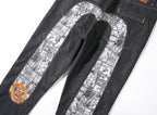 EVISU KURO Daicock Manga Comic Panel Print Appliqué Jeans Orange Kamon Badge Straight Fit Black Raw Selvedge