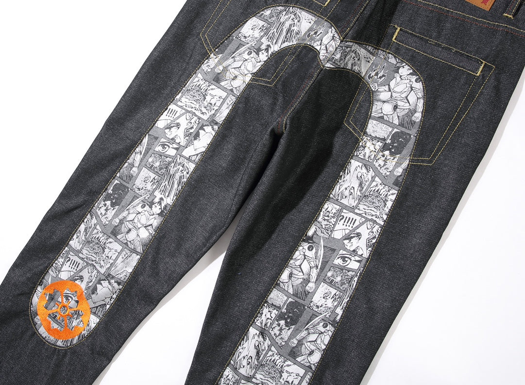 EVISU KURO Daicock Manga Comic Panel Print Appliqué Jeans Orange Kamon Badge Straight Fit Black Raw Selvedge