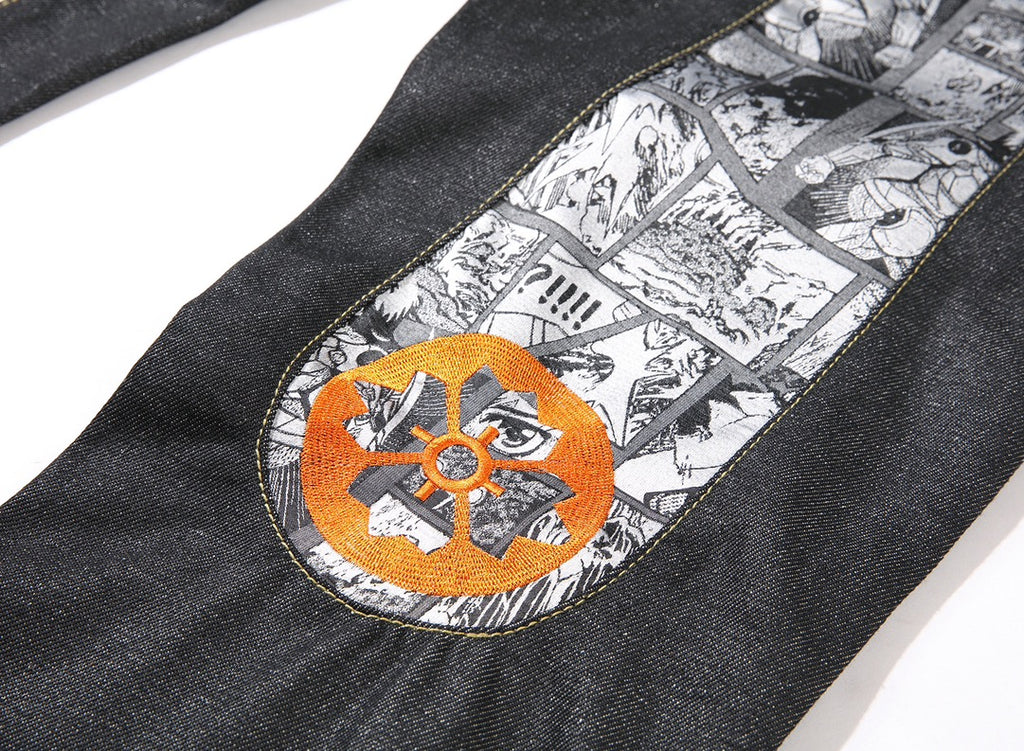 EVISU KURO Daicock Manga Comic Panel Print Appliqué Jeans Orange Kamon Badge Straight Fit Black Raw Selvedge