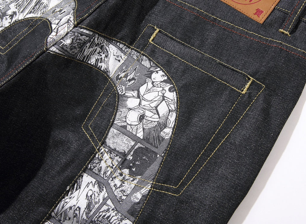 EVISU KURO Daicock Manga Comic Panel Print Appliqué Jeans Orange Kamon Badge Straight Fit Black Raw Selvedge