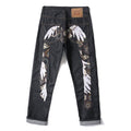 EVISU KURO Tsuru Crane Feather & Kikko Gold Geometric Embroidery Jeans Slim Straight Black Raw Selvedge