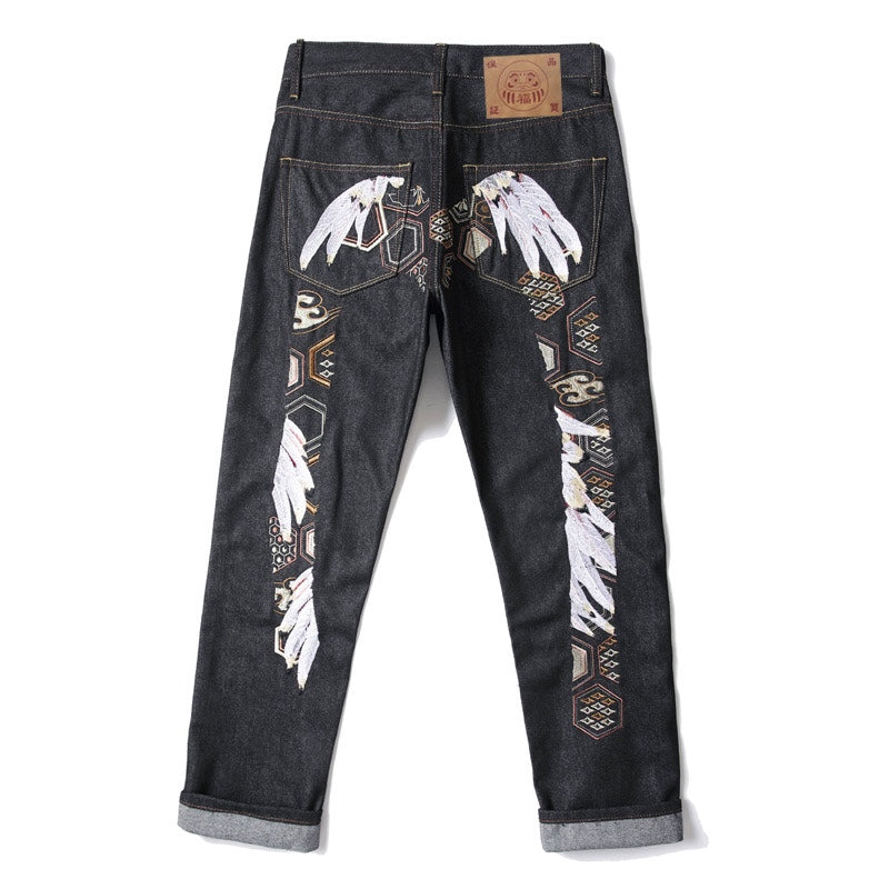 EVISU KURO Tsuru Crane Feather & Kikko Gold Geometric Embroidery Jeans Slim Straight Black Raw Selvedge
