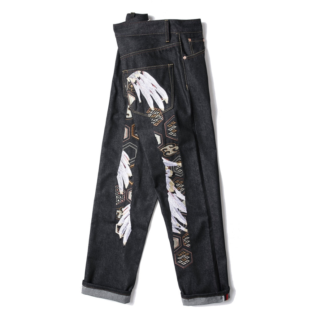 EVISU KURO Tsuru Crane Feather & Kikko Gold Geometric Embroidery Jeans Slim Straight Black Raw Selvedge