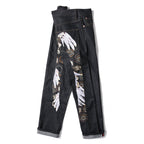 EVISU KURO Tsuru Crane Feather & Kikko Gold Geometric Embroidery Jeans Slim Straight Black Raw Selvedge
