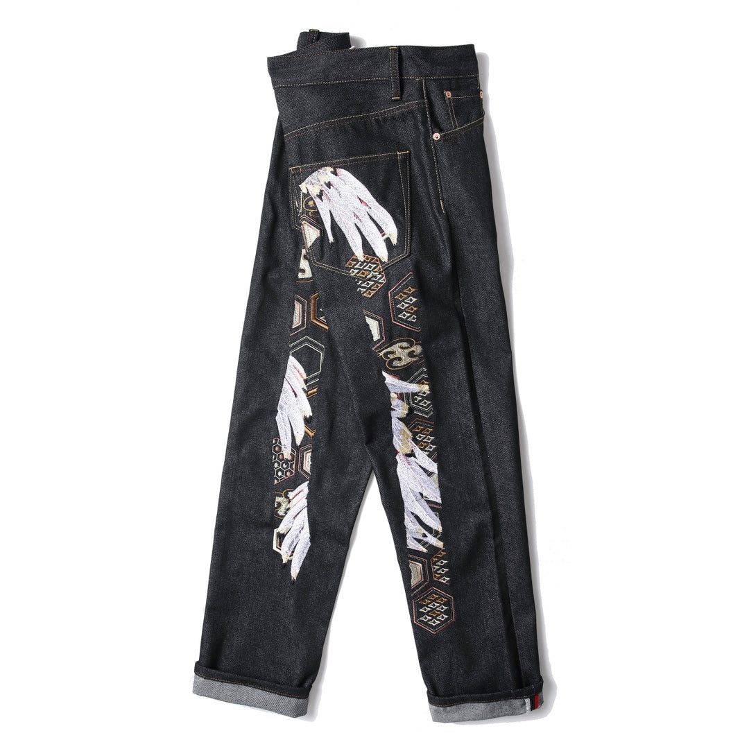 EVISU KURO Tsuru Crane Feather & Kikko Gold Geometric Embroidery Jeans Slim Straight Black Raw Selvedge