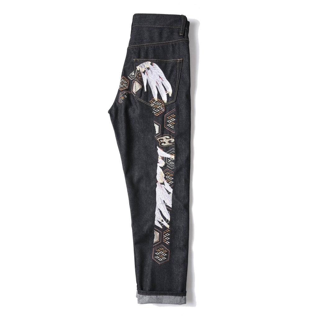EVISU KURO Tsuru Crane Feather & Kikko Gold Geometric Embroidery Jeans Slim Straight Black Raw Selvedge